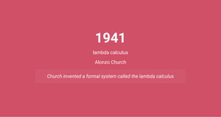 1941
lambda calculus
Alonzo Church
Church invented a formal system called the lambda calculus
 