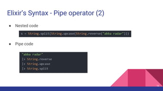 Elixir’s Syntax - Pipe operator (2)
● Nested code
● Pipe code
10
 