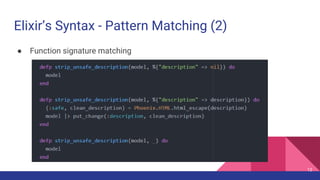 Elixir’s Syntax - Pattern Matching (2)
● Function signature matching
12
 