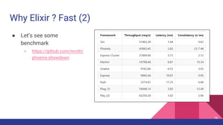 Why Elixir ? Fast (2)
● Let’s see some
benchmark
○ https://github.com/mroth/
phoenix-showdown
16
 