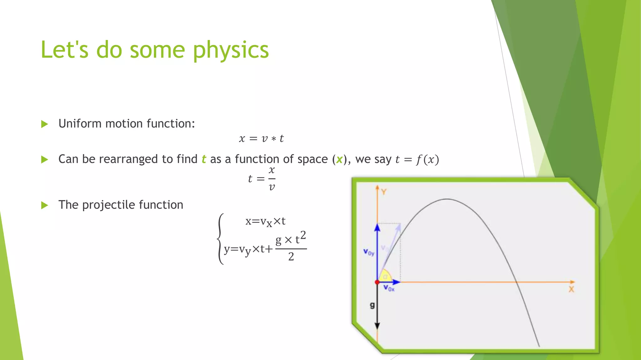 Let's do some physics
 Uniform motion function:
𝑥 = 𝑣 ∗ 𝑡
 Can be rearranged to find t as a function of space (x), we say 𝑡 = 𝑓(𝑥)
𝑡 =
𝑥
𝑣
 The projectile function
x=vx×t
y=vy×t+
g × t2
2
 