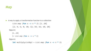 Map
 A way to apply a transformation function to a collection
List.map (fun x -> x * 2) [1..10]
[2; 4; 6; 8; 10; 12; 14; 16; 18; 20]
Oppure
[1..10]
|> List.map (fun x -> x * 2)
Oppure
let multiplyListBy2 = List.map (fun x -> x * 2)
 