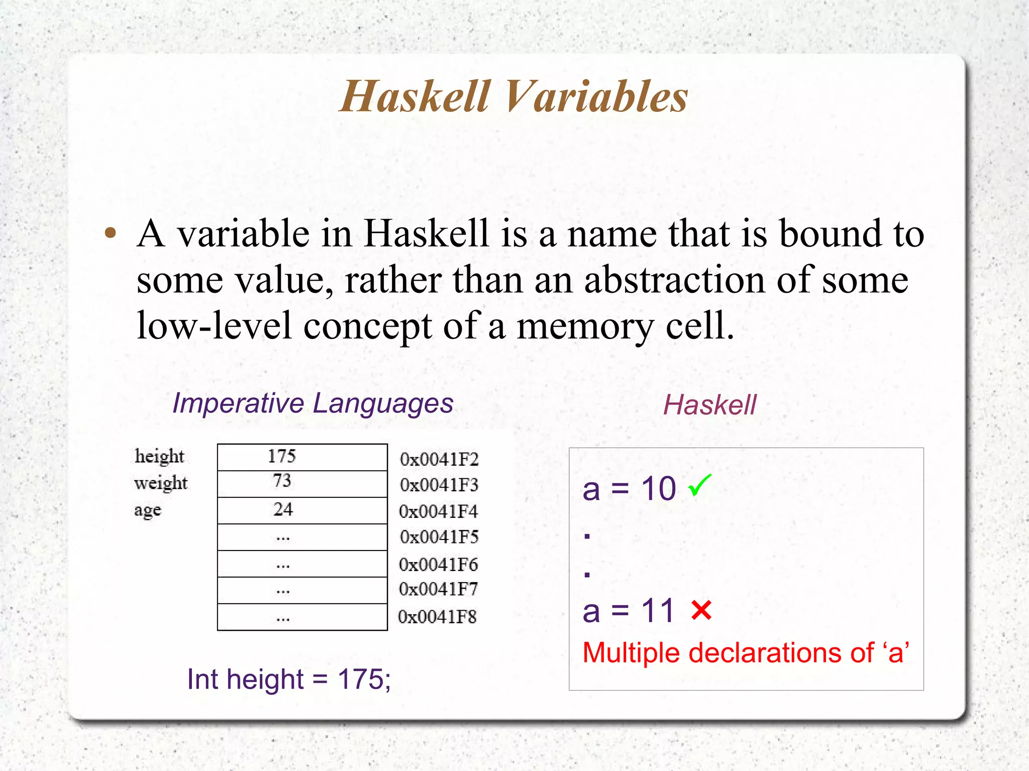 Haskell Variables
● A variable in Haskell is a name that is bound to
some value, rather than an abstraction of some
low-level concept of a memory cell.
Imperative Languages Haskell
a = 10 
.
.
a = 11 
Multiple declarations of ‘a’
Int height = 175;
 