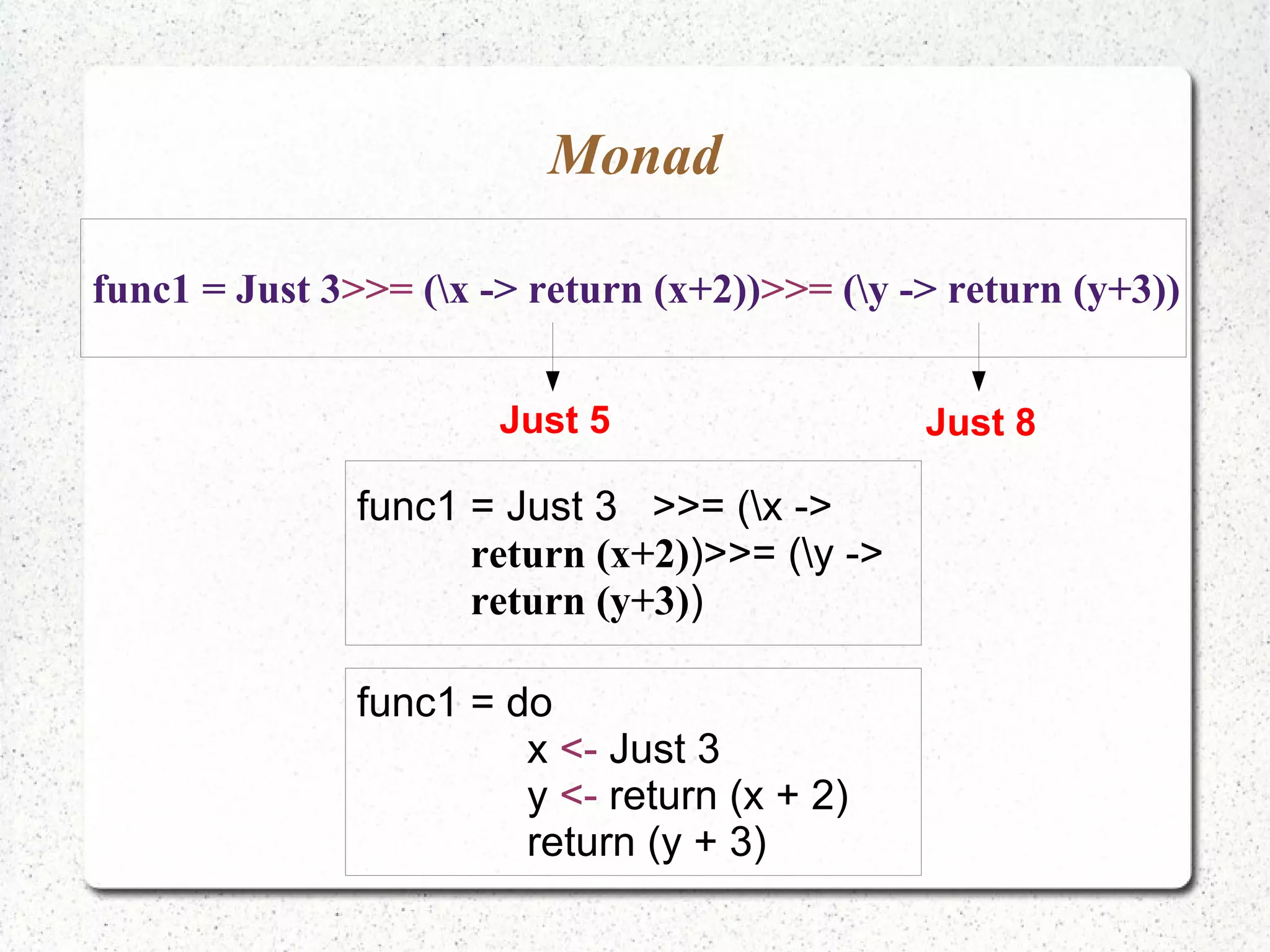 Monad
func1 = Just 3>>= (x -> return (x+2))>>= (y -> return (y+3))
Just 5 Just 8
func1 = Just 3 >>= (x ->
return (x+2))>>= (y ->
return (y+3))
func1 = do
x <- Just 3
y <- return (x + 2)
return (y + 3)
 