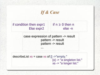 If & Case
if condition then expr1
Else expr2
if n ≥ 0 then n
else -n
case expression of pattern -> result
pattern -> result
pattern -> result
...
describeList xs = case xs of [] ->"empty."
[x] -> "a singleton list."
xs -> "a longer list."
 