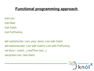 Functional programming approach

trait Lion
trait Deer
trait Catch
trait FullTummy


def catch(hunter: Lion, prey: deer): ...