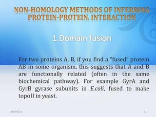 13/04/2013 11
For two proteins A, B, if you find a “fused” protein
AB in some organism, this suggests that A and B
are functionally related (often in the same
biochemical pathway). For example GyrA and
GyrB gyrase subunits in E.coli, fused to make
topoII in yeast.
 