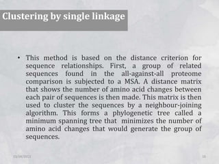 • This method is based on the distance criterion for
sequence relationships. First, a group of related
sequences found in the all-against-all proteome
comparison is subjected to a MSA. A distance matrix
that shows the number of amino acid changes between
each pair of sequences is then made. This matrix is then
used to cluster the sequences by a neighbour-joining
algorithm. This forms a phylogenetic tree called a
minimum spanning tree that minimizes the number of
amino acid changes that would generate the group of
sequences.
13/04/2013 16
Clustering by single linkage
 
