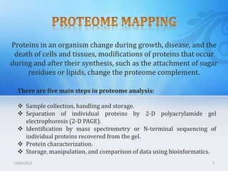 13/04/2013 7
Proteins in an organism change during growth, disease, and the
death of cells and tissues, modifications of proteins that occur
during and after their synthesis, such as the attachment of sugar
residues or lipids, change the proteome complement.
There are five main steps in proteome analysis:
 Sample collection, handling and storage.
 Separation of individual proteins by 2-D polyacrylamide gel
electrophoresis (2-D PAGE).
 Identification by mass spectrometry or N-terminal sequencing of
individual proteins recovered from the gel.
 Protein characterization.
 Storage, manipulation, and comparison of data using bioinformatics.
 