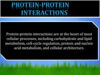 PROTEIN-PROTEIN
INTERACTIONS
Protein-protein interactions are at the heart of most
cellular processes, including carbohydrate and lipid
metabolism, cell-cycle regulation, protein and nucleic
acid metabolism, and cellular architecture.
 