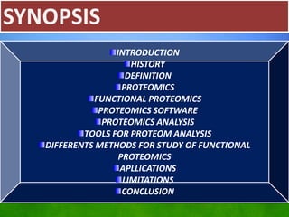 SYNOPSIS
INTRODUCTION
HISTORY
DEFINITION
PROTEOMICS
FUNCTIONAL PROTEOMICS
PROTEOMICS SOFTWARE
PROTEOMICS ANALYSIS
TOOLS FOR PROTEOM ANALYSIS
DIFFERENTS METHODS FOR STUDY OF FUNCTIONAL
PROTEOMICS
APLLICATIONS
LIMITATIONS
CONCLUSION
 
