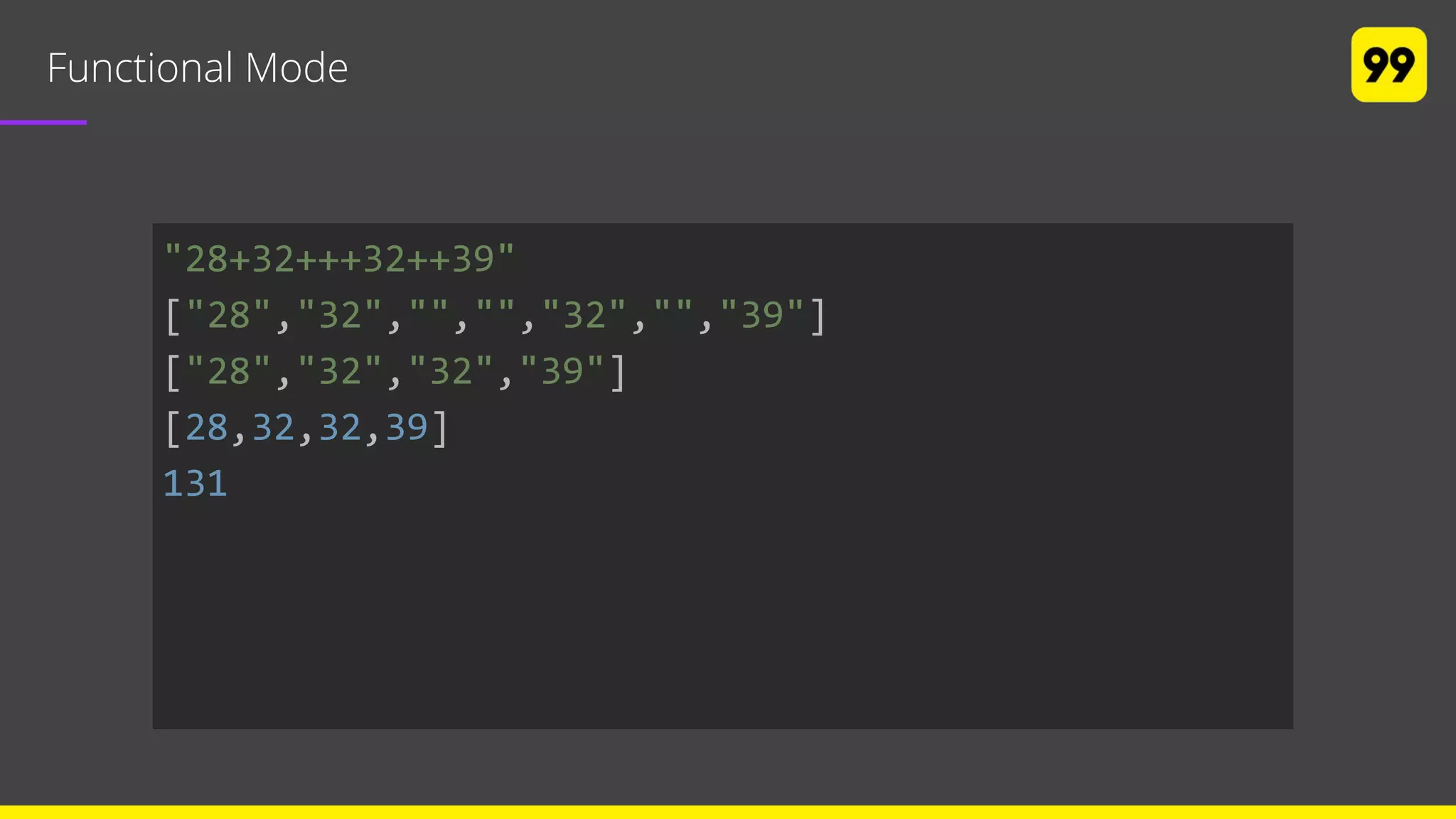 Functional Mode
"28+32+++32++39"
["28","32","","","32","","39"]
["28","32","32","39"]
[28,32,32,39]
131
 