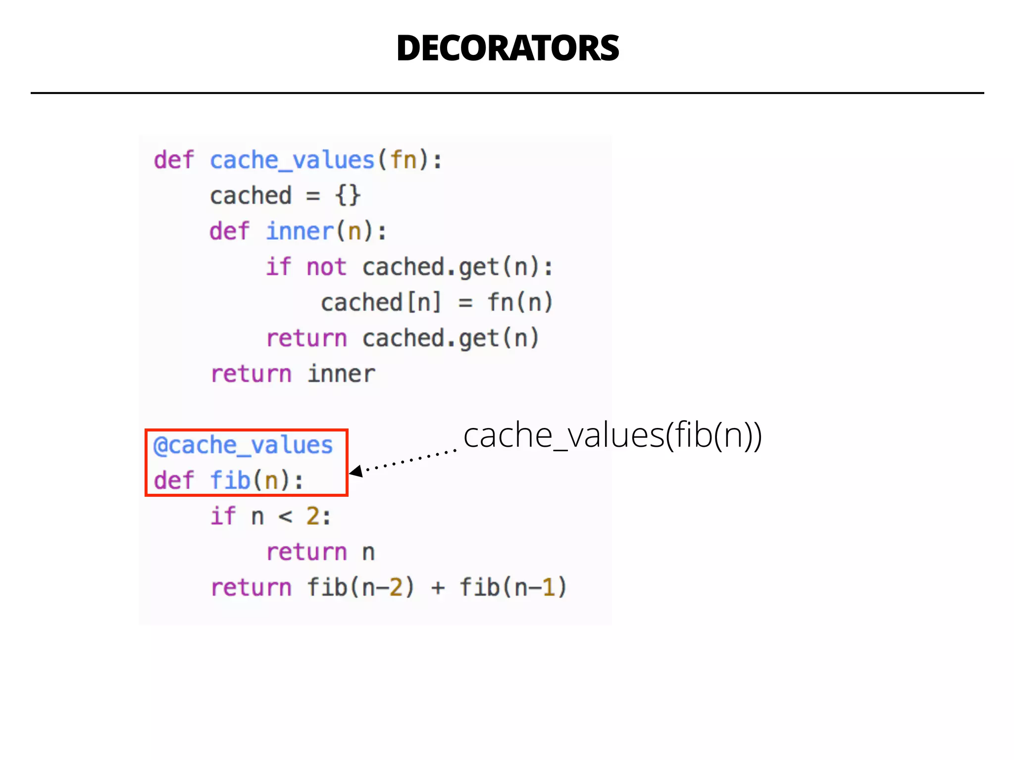 DECORATORS
cache_values(ﬁb(n))
 