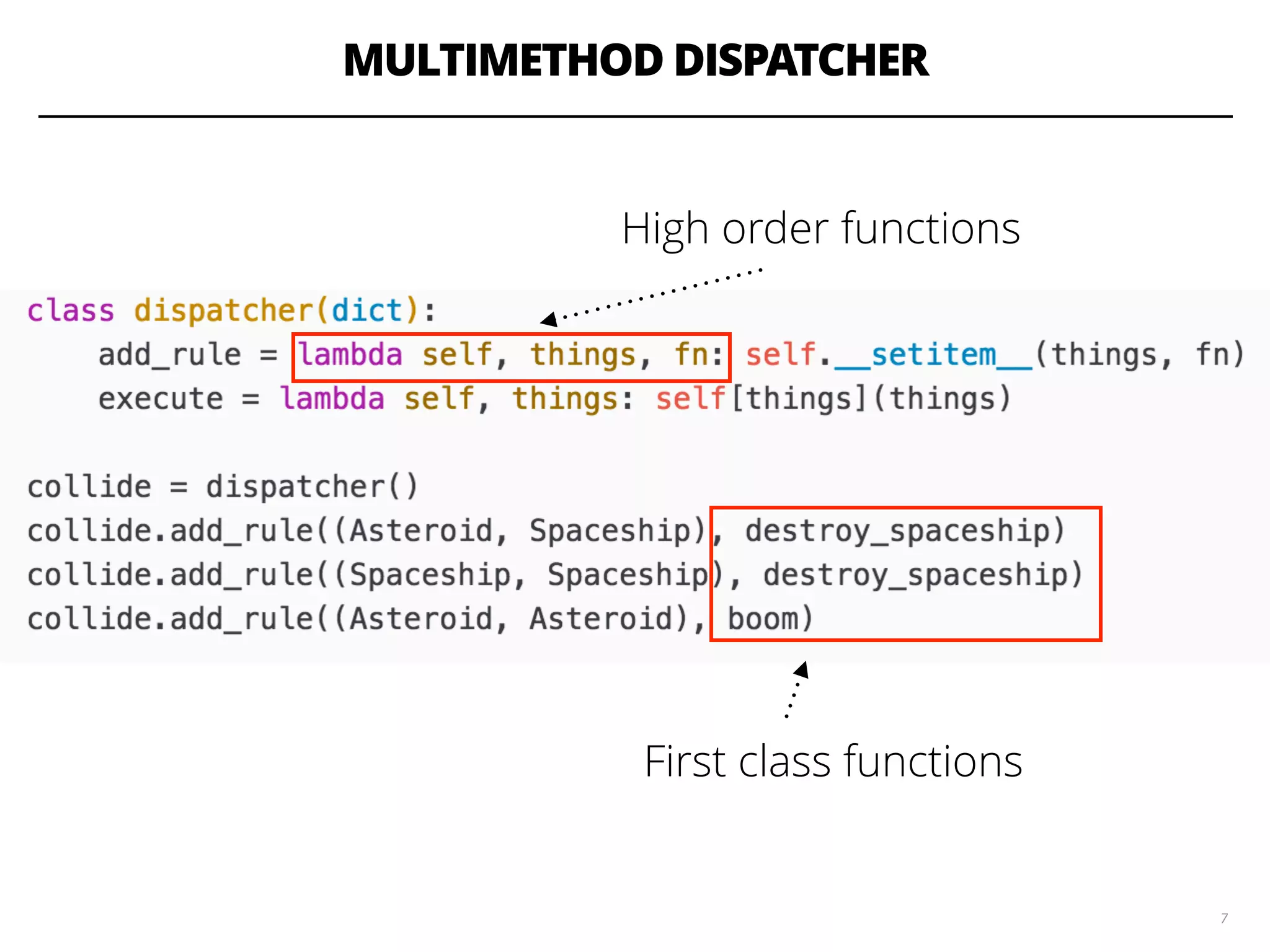 MULTIMETHOD DISPATCHER
7
High order functions
First class functions
 