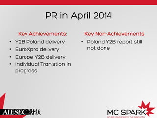 PR in April 2014
Key Achievements:
•  Y2B Poland delivery
•  EuroXpro delivery
•  Europe Y2B delivery
•  Individual Tranistion in
progress
Key Non-Achievements
•  Poland Y2B report still
not done
 
