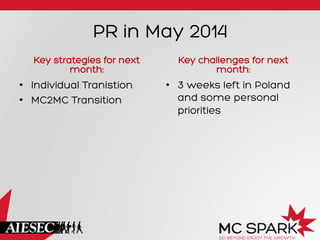 PR in May 2014
Key strategies for next
month:
•  Individual Tranistion
•  MC2MC Transition
Key challenges for next
month:
•  3 weeks left in Poland
and some personal
priorities
 