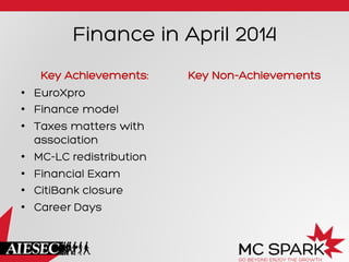 Finance in April 2014
Key Achievements:
•  EuroXpro
•  Finance model
•  Taxes matters with
association
•  MC-LC redistribution
•  Financial Exam
•  CitiBank closure
•  Career Days
Key Non-Achievements
 