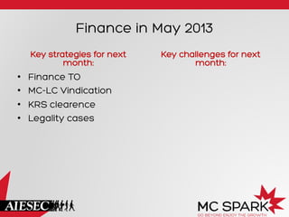 Finance in May 2013
Key strategies for next
month:
•  Finance TO
•  MC-LC Vindication
•  KRS clearence
•  Legality cases
Key challenges for next
month:
 