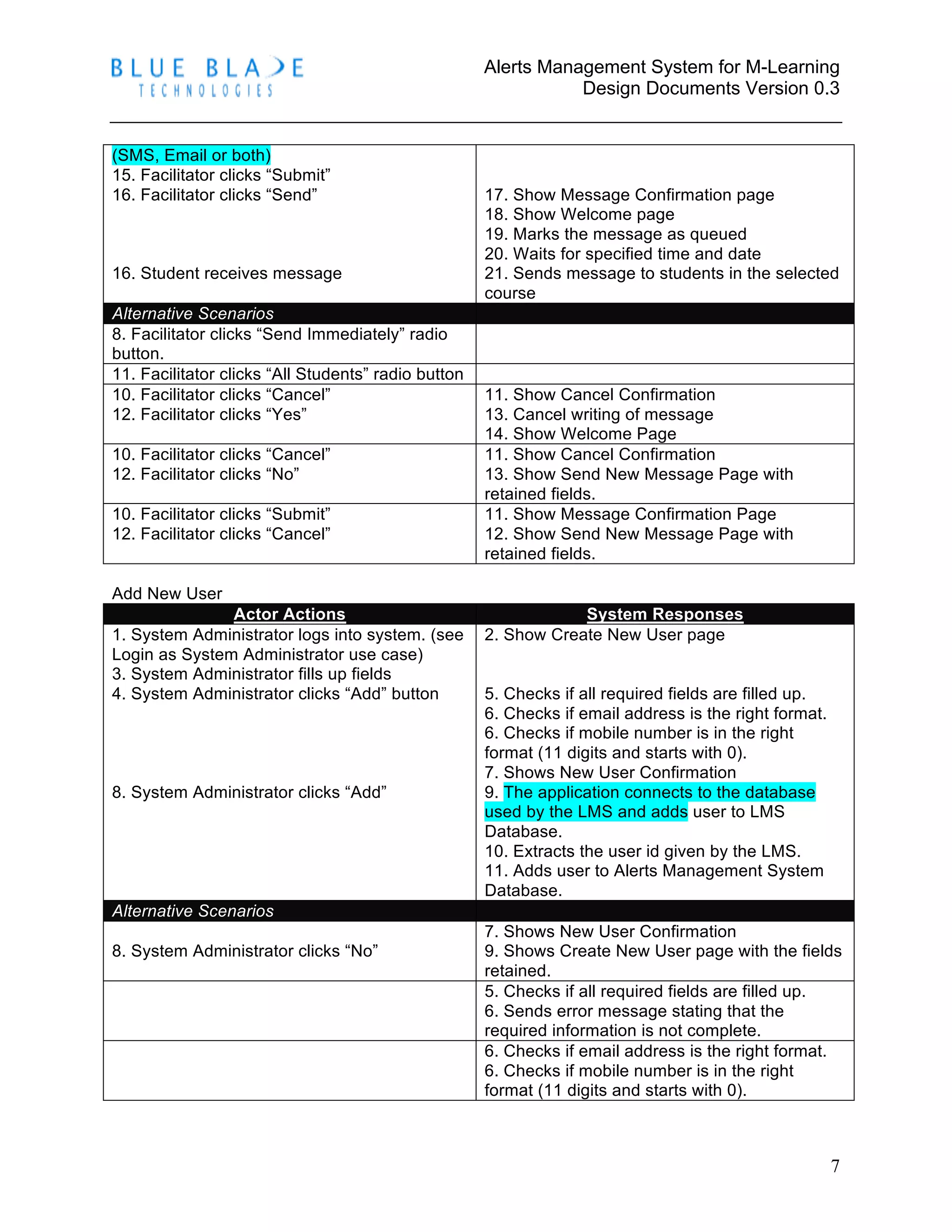 Alerts Management System for M-Learning
Design Documents Version 0.3
7
(SMS, Email or both)
15. Facilitator clicks “Submit”
16. Facilitator clicks “Send”
16. Student receives message
17. Show Message Confirmation page
18. Show Welcome page
19. Marks the message as queued
20. Waits for specified time and date
21. Sends message to students in the selected
course
Alternative Scenarios
8. Facilitator clicks “Send Immediately” radio
button.
11. Facilitator clicks “All Students” radio button
10. Facilitator clicks “Cancel”
12. Facilitator clicks “Yes”
11. Show Cancel Confirmation
13. Cancel writing of message
14. Show Welcome Page
10. Facilitator clicks “Cancel”
12. Facilitator clicks “No”
11. Show Cancel Confirmation
13. Show Send New Message Page with
retained fields.
10. Facilitator clicks “Submit”
12. Facilitator clicks “Cancel”
11. Show Message Confirmation Page
12. Show Send New Message Page with
retained fields.
Add New User
Actor Actions System Responses
1. System Administrator logs into system. (see
Login as System Administrator use case)
3. System Administrator fills up fields
4. System Administrator clicks “Add” button
8. System Administrator clicks “Add”
2. Show Create New User page
5. Checks if all required fields are filled up.
6. Checks if email address is the right format.
6. Checks if mobile number is in the right
format (11 digits and starts with 0).
7. Shows New User Confirmation
9. The application connects to the database
used by the LMS and adds user to LMS
Database.
10. Extracts the user id given by the LMS.
11. Adds user to Alerts Management System
Database.
Alternative Scenarios
8. System Administrator clicks “No”
7. Shows New User Confirmation
9. Shows Create New User page with the fields
retained.
5. Checks if all required fields are filled up.
6. Sends error message stating that the
required information is not complete.
6. Checks if email address is the right format.
6. Checks if mobile number is in the right
format (11 digits and starts with 0).
 