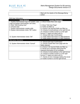 Alerts Management System for M-Learning
Design Documents Version 0.3
9
filled with the details of the Message Being
edited
Edit User Information
Actor Actions System Responses
1. System Administrator logs into system. (see
Login as System Administrator use case)
3. Click “Edit Existing User”
5. Choose User
7. System Administrator creates edits
9. System Administrator clicks “OK” button
12. System Administrator clicks “OK”
2. Show Create New User page
4. Show “Edit User Page”
6. Fields are filled up
8. Checks if all required fields are filled up.
10. Checks if email address is the right format.
10. Checks if mobile number is in the right
format (11 digits and starts with 0).
11. Shows Edit User Confirmation
13. Adds edited information to LMS Database
15. Adds edited information to AMS Database
Alternative Scenarios
12. System Administrator clicks “Cancel”
11. Shows Edit User Confirmation
13. Shows Create New User page with the
fields retained.
6. Checks if all required fields are filled up.
8. Sends error message stating that the
required information is not complete.
10. Checks if email address is the right format.
10. Checks if mobile number is in the right
format (11 digits and starts with 0).
11. Sends an error message stating that email
or mobile number is not the right format.
 