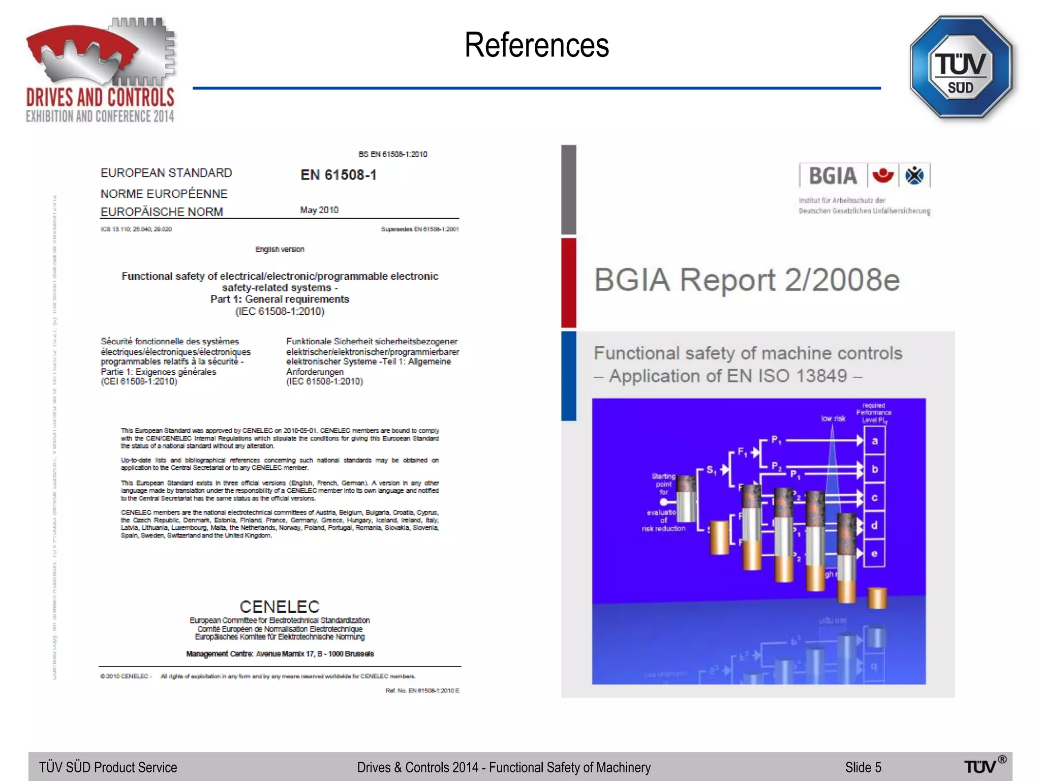 References
TÜV SÜD Product Service Slide 5Drives & Controls 2014 - Functional Safety of Machinery
 