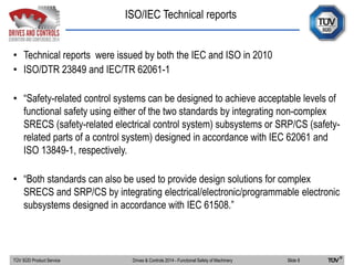 ISO/IEC Technical reports
TÜV SÜD Product Service Slide 8Drives & Controls 2014 - Functional Safety of Machinery
• Technical reports were issued by both the IEC and ISO in 2010
• ISO/DTR 23849 and IEC/TR 62061-1
• “Safety-related control systems can be designed to achieve acceptable levels of
functional safety using either of the two standards by integrating non-complex
SRECS (safety-related electrical control system) subsystems or SRP/CS (safety-
related parts of a control system) designed in accordance with IEC 62061 and
ISO 13849-1, respectively.
• “Both standards can also be used to provide design solutions for complex
SRECS and SRP/CS by integrating electrical/electronic/programmable electronic
subsystems designed in accordance with IEC 61508.”
 