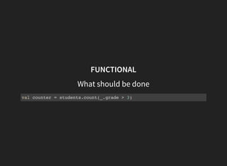 FUNCTIONAL
What should be done
val counter = students.count(_.grade > 3)
 