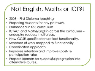 Key MessagesA successful learner...Builds a range of functional skillsPractises applying them in a range of contexts (real-life and purposeful)Secures/masters them by choosing the most appropriate skill to tackle problems in increasingly unfamiliar contextsAn effective teacher...Directs the building of functional skillsGuides the application of skillsChallenges learners to secure/master across all subjects