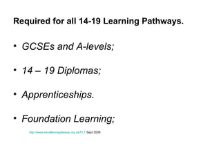 Required for all 14-19 Learning Pathways. GCSEs and A-levels;  14 – 19 Diplomas;  Apprenticeships. Foundation Learning; http://www.excellencegateway.org.uk/FLT  Sept 2009 