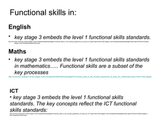 Functional skills in: English key stage 3 embeds the level 1 functional skills standards.   http://curriculum.qcda.gov.uk/key-stages-3-and-4/subjects/english/keystage3/Functional_skills_in_the_revised_programme_of_study_for_English.aspx?return=/key-stages-3-and-4/subjects/english/keystage3/index.aspx%3Freturn%3D/key-stages-3-and-4/subjects/english/index.aspx Maths key stage 3 embeds the level 1 functional skills standards in mathematics….. Functional skills are a subset of the key processes http://curriculum.qcda.gov.uk/key-stages-3-and-4/subjects/mathematics/keystage3/Functional_skills_in_the_revised_programme_of_study_for_mathematics.aspx?return=/key-stages-3-and-4/subjects/mathematics/keystage3/index.aspx ICT key stage 3 embeds the level 1 functional skills standards. The key concepts reflect the ICT functional skills standards:   http://curriculum.qcda.gov.uk/key-stages-3-and-4/subjects/ict/keystage3/Functional_skills_in_the_revised_programme_of_study_for_ICT.aspx?return=/key-stages-3-and-4/subjects/ict/keystage3/index.aspx%3Freturn%3D/key-stages-3-and-4/subjects/ict/index.aspx 