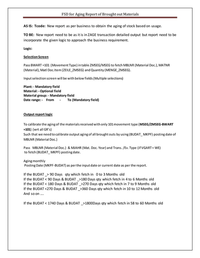 Functional specification doc stock aging report based on consumption | PDF