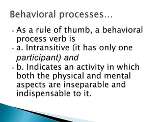 ⦁ As a rule of thumb, a behavioral
process verb is
⦁ a. Intransitive (it has only one
participant) and
⦁ b. Indicates an activity in which
both the physical and mental
aspects are inseparable and
indispensable to it.
 