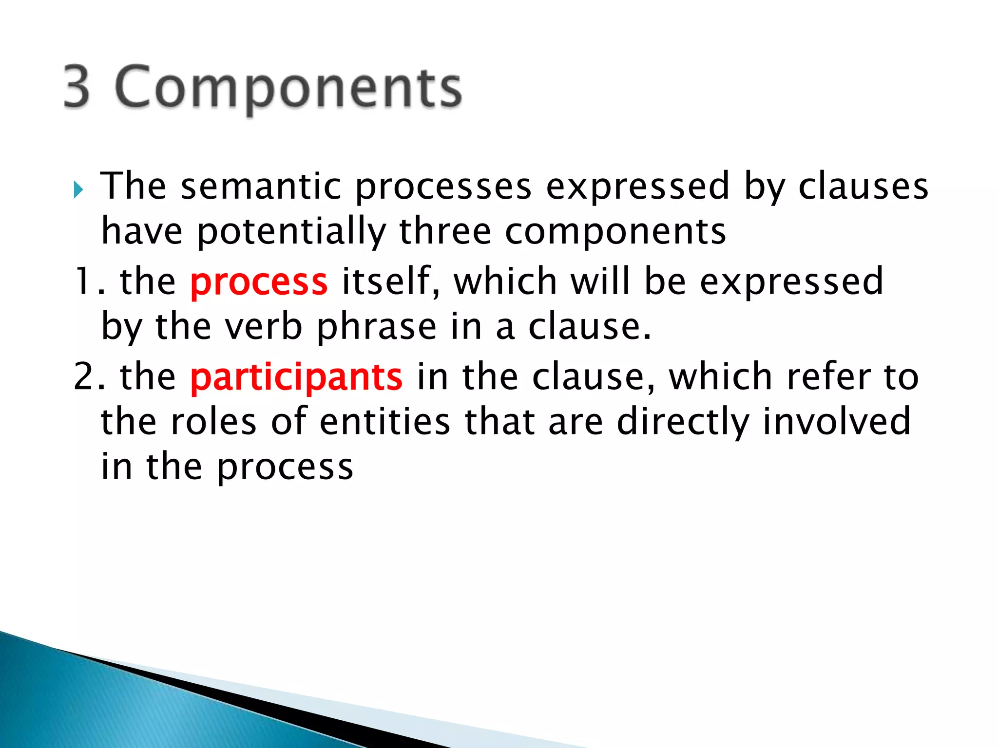 The semantic processes expressed by clauses
have potentially three components
1. the process itself, which will be expressed
by the verb phrase in a clause.
2. the participants in the clause, which refer to
the roles of entities that are directly involved
in the process


 
