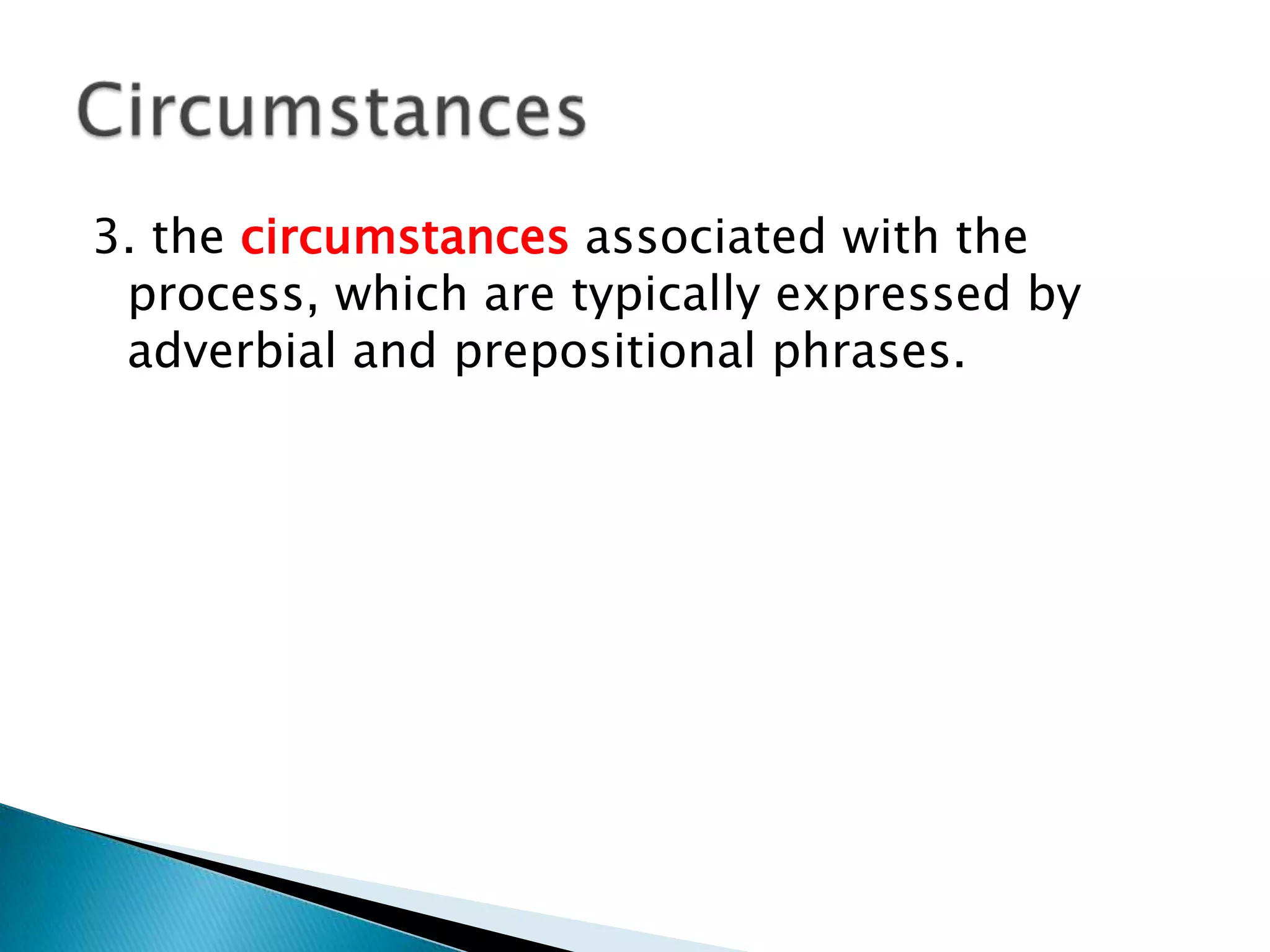 3. the circumstances associated with the
process, which are typically expressed by
adverbial and prepositional phrases.

 