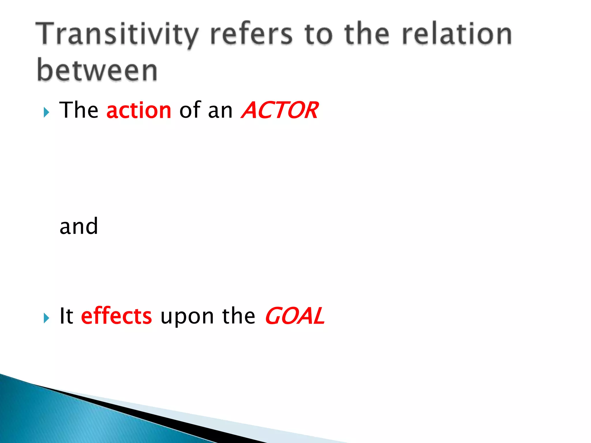 

The action of an ACTOR

and



It effects upon the GOAL

 