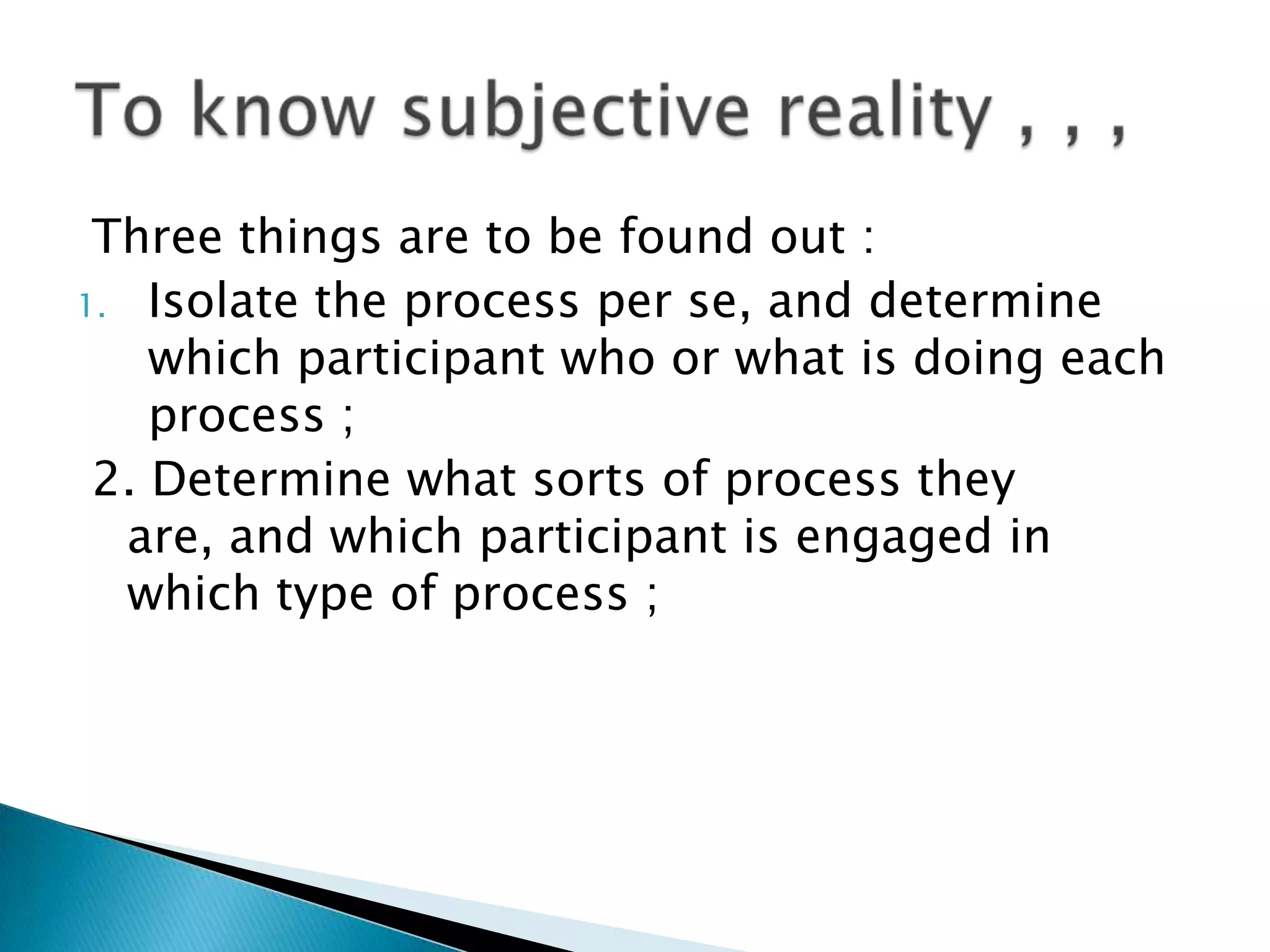 Three things are to be found out :
1. Isolate the process per se, and determine
which participant who or what is doing each
process ;
2. Determine what sorts of process they
are, and which participant is engaged in
which type of process ;

 