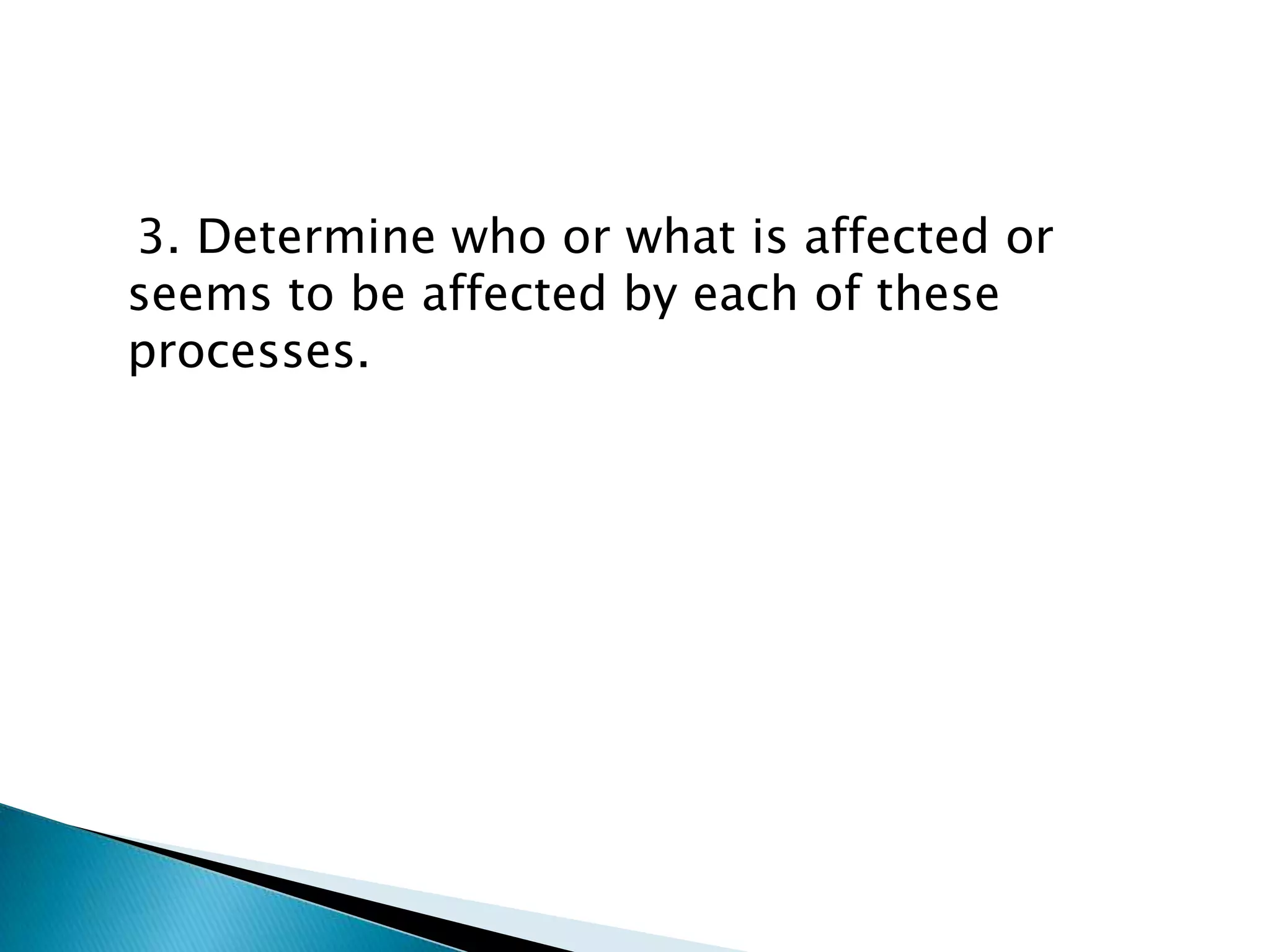 3. Determine who or what is affected or
seems to be affected by each of these
processes.

 
