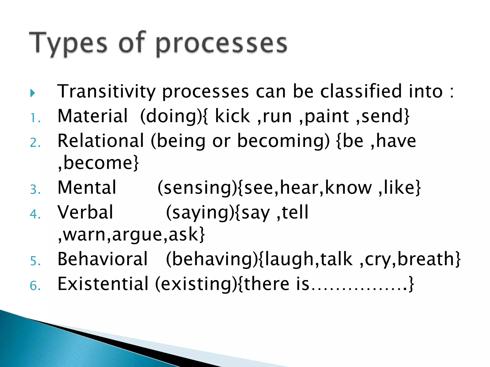 
1.
2.
3.

4.
5.
6.

Transitivity processes can be classified into :
Material (doing){ kick ,run ,paint ,send}
Relational (being or becoming) {be ,have
,become}
Mental
(sensing){see,hear,know ,like}
Verbal
(saying){say ,tell
,warn,argue,ask}
Behavioral (behaving){laugh,talk ,cry,breath}
Existential (existing){there is…………….}

 