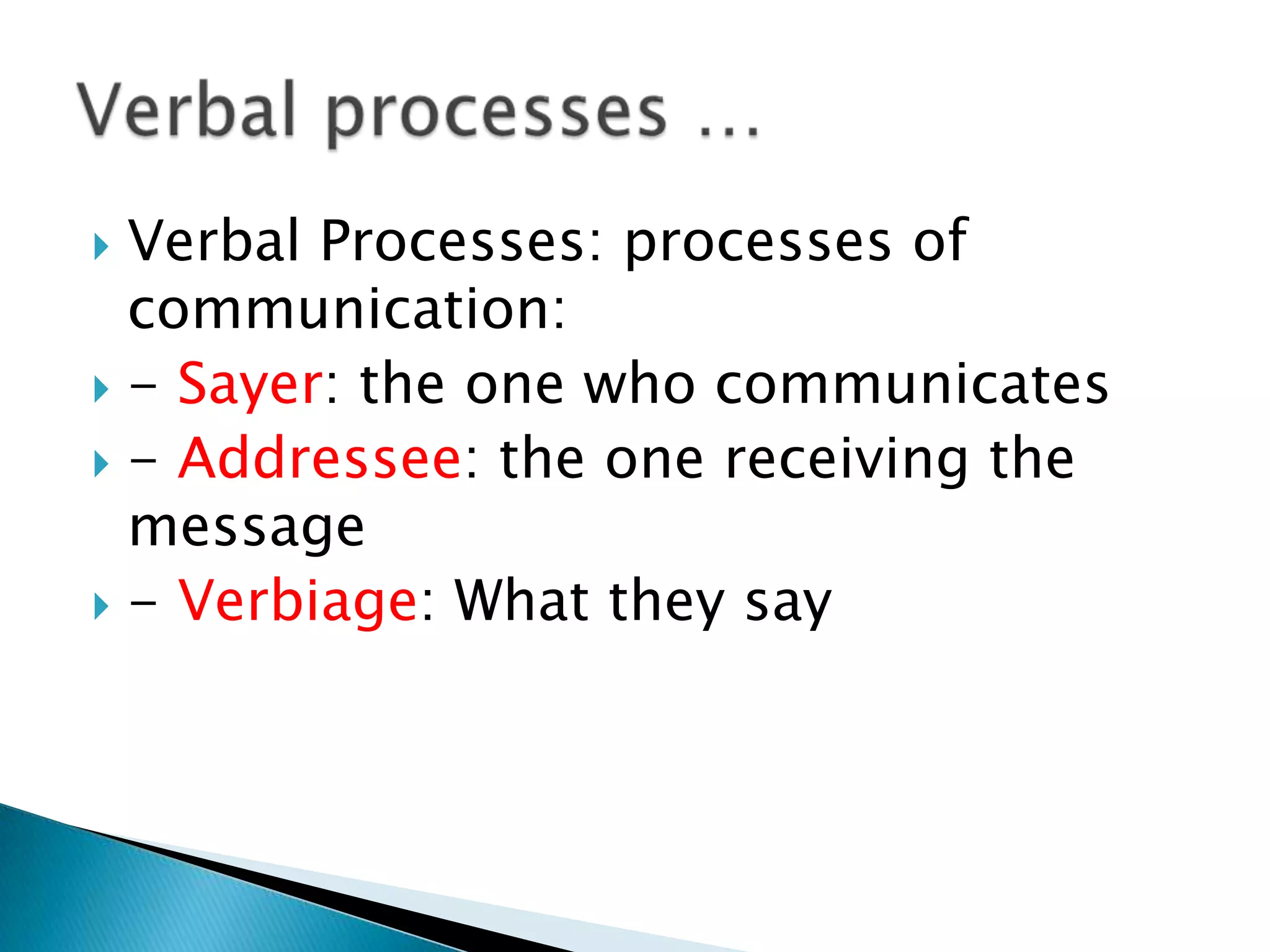 Verbal Processes: processes of
communication:
 - Sayer: the one who communicates
 - Addressee: the one receiving the
message
 - Verbiage: What they say


 