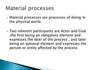 



Material processes are processes of doing in
the physical world.
Two inherent participants are Actor and Goal
,the first being an obligatory element and
expresses the doer of the process , and later
being an optional element and expresses the
person or entity affected by the process

 