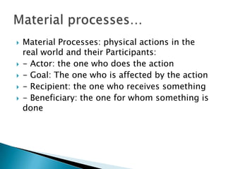 







Material Processes: physical actions in the
real world and their Participants:
- Actor: the one who does the action
- Goal: The one who is affected by the action
- Recipient: the one who receives something
- Beneficiary: the one for whom something is
done

 