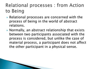 



Relational processes are concerned with the
process of being in the world of abstract
relations.
Normally, an abstract relationship that exists
between two participants associated with the
process is considered, but unlike the case of
material process, a participant does not affect
the other participant in a physical sense.

 