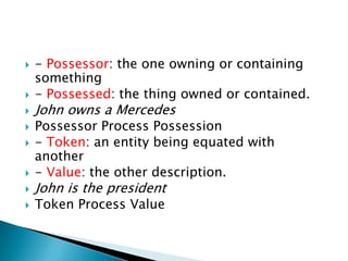 









- Possessor: the one owning or containing
something
- Possessed: the thing owned or contained.

John owns a Mercedes

Possessor Process Possession
- Token: an entity being equated with
another
- Value: the other description.

John is the president
Token Process Value

 
