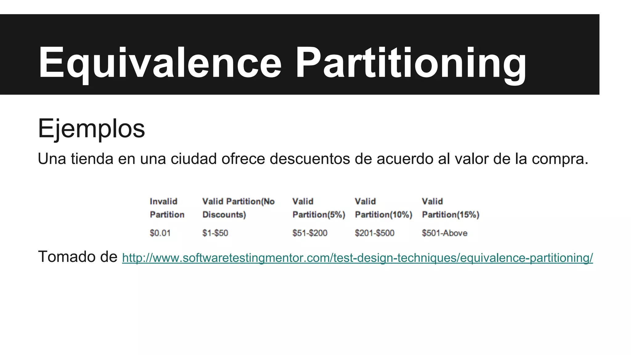 Equivalence Partitioning 
Ejemplos 
Una tienda en una ciudad ofrece descuentos de acuerdo al valor de la compra. 
Tomado de http://www.softwaretestingmentor.com/test-design-techniques/equivalence-partitioning/ 
 