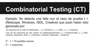 Combinatorial Testing (CT)
Ejemplo: Se detecta una falla con el caso de prueba t =
(Netscape, Windows, ISDL, Creative) que pudo haber sido
generada por:
-Un esquema de un valor en {(Netscape,-,-,-), (-,Windows,-,-), (-,-,ISDL,-), (-,-,-,Creative)}
-Uno de los esquemas de dos valores en {(Netscape,Windows,-,-), (-,Windows,ISDL,-), (-,-,ISDL,
Creative), (Netscape,-,ISDL,-), (-,Windows,-,Creative), (Netscape,-,-,Creative)}
24 - 1 = 15 posibles causas
2n - 1 esquemas