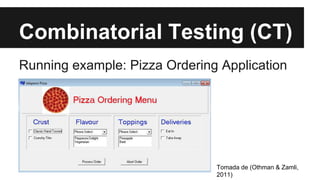 Combinatorial Testing (CT)
Running example: Pizza Ordering Application
Tomada de (Othman & Zamli,
2011)