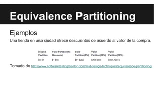 Equivalence Partitioning
Ejemplos
Una tienda en una ciudad ofrece descuentos de acuerdo al valor de la compra.
Tomado de http://www.softwaretestingmentor.com/test-design-techniques/equivalence-partitioning/