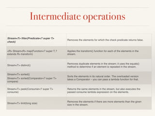 Intermediate operations
Stream<T> filter(Predicate<? super T>
check)
Removes the elements for which the check predicate returns false.
<R> Stream<R> map(Function<? super T,?
extends R> transform)
Applies the transform() function for each of the elements in the
stream.
Stream<T> distinct()
Removes duplicate elements in the stream; it uses the equals()
method to determine if an element is repeated in the stream.
Stream<T> sorted()
Stream<T> sorted(Comparator<? super T>
compare)
Sorts the elements in its natural order. The overloaded version
takes a Comparator – you can pass a lambda function for that.
Stream<T> peek(Consumer<? super T>
consume)
Returns the same elements in the stream, but also executes the
passed consume lambda expression on the elements.
Stream<T> limit(long size)
Removes the elements if there are more elements than the given
size in the stream.
 