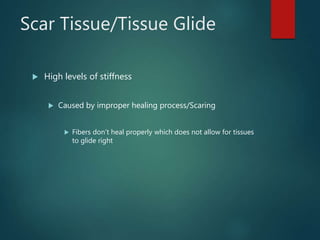 Scar Tissue/Tissue Glide
 High levels of stiffness
 Caused by improper healing process/Scaring
 Fibers don’t heal properly which does not allow for tissues
to glide right
 