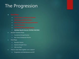 The Progression
 First Phase
 Proprioception Development Routine
 Basic Range of Motion Routine
 Basic Tissue Health Management Routine
 Core Development
 Foundational Body Weight Routine
 Individual Specific Exercise (TESTING FUNCTION)
 Second/ Transition Phase
 Foundational Strength Routine
 Basic Power Development Routine
 Third Phase
 Plyometric Routine
 Explosive Strength Circuit
 180 Jump Rope
 ?How to mesh these together over a season?
 Progression and Maintenance are KEY!
 